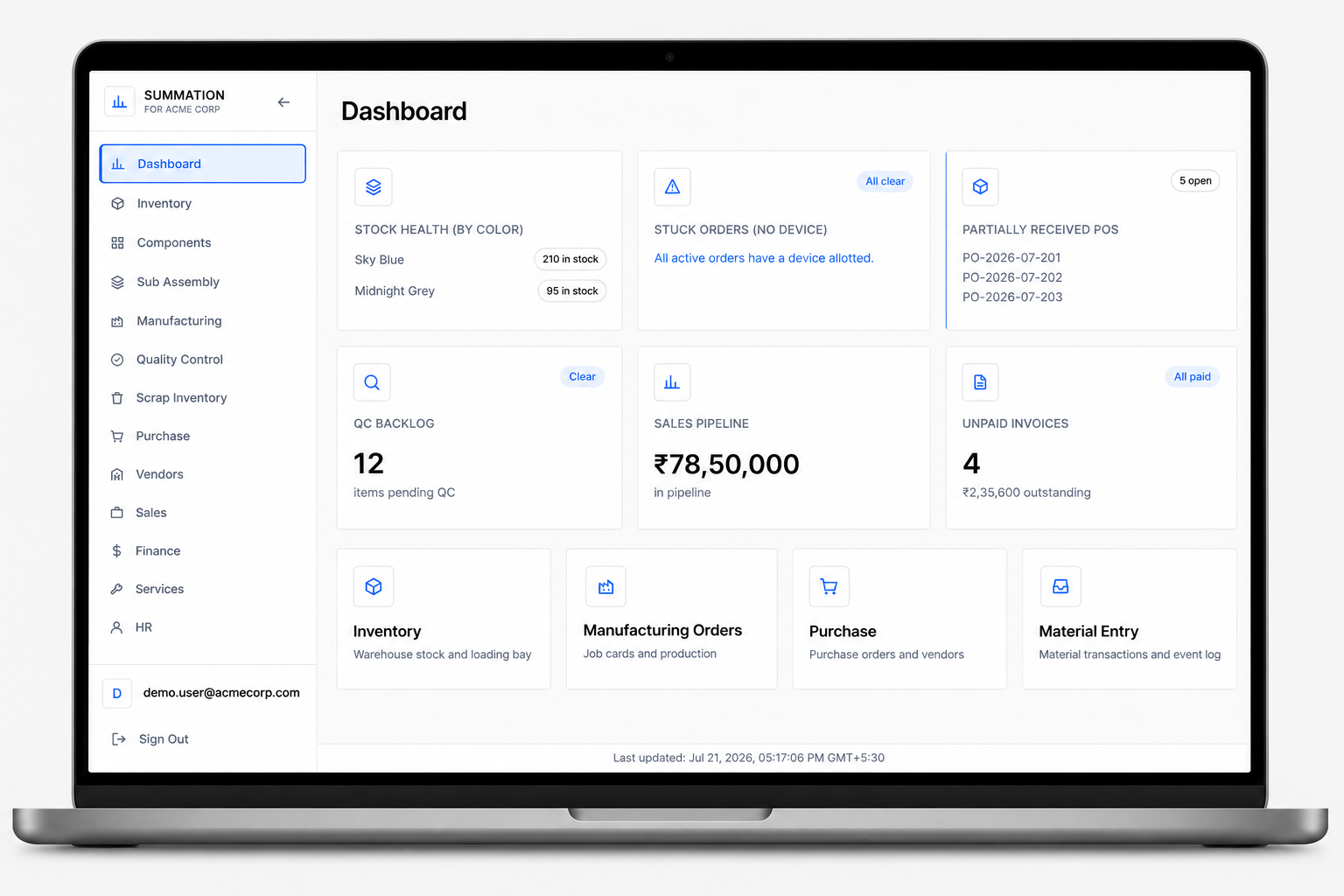 Summation ERP dashboard