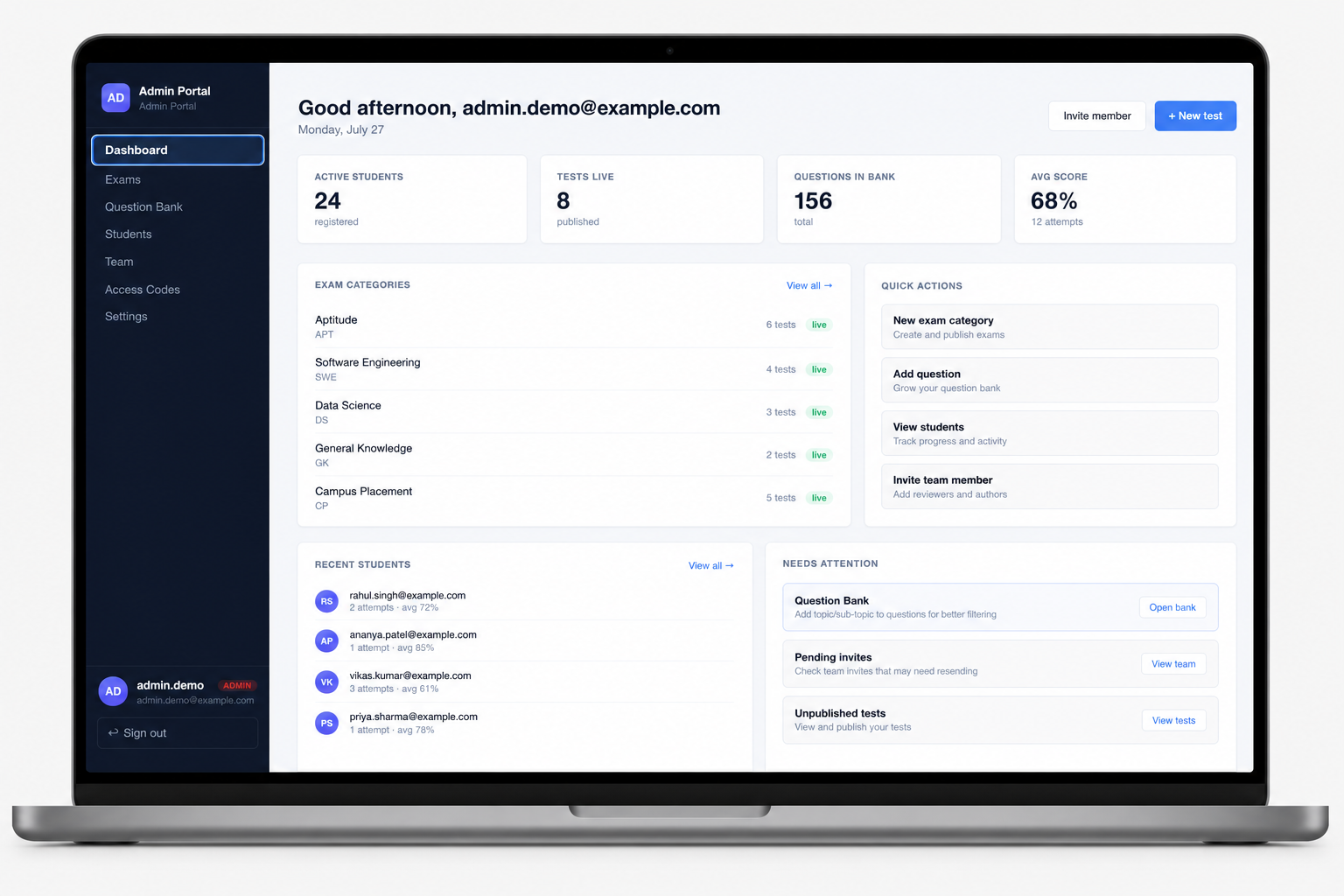 Mock test platform dashboard